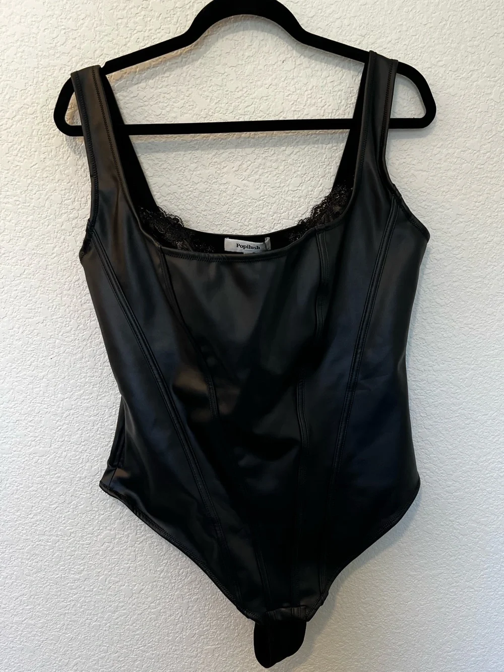 NWT Popilush Black Shapewear Faux Leather Lace Balconette Sculpting Bodysuit- 2X